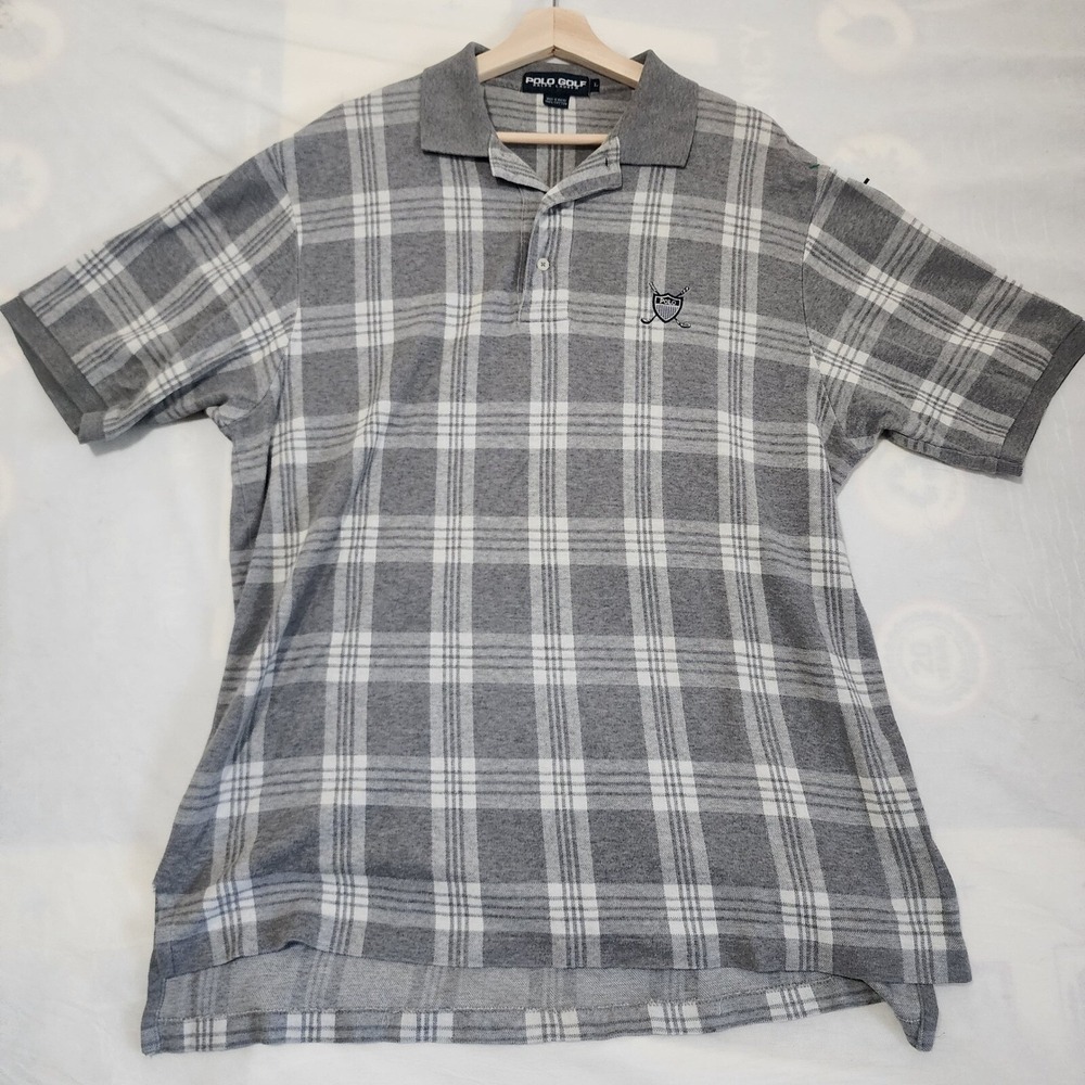 Vintage Polo Golf Ralph Lauren Plaid Golf Polo Shirt Gray Cotton Short Sleeve L